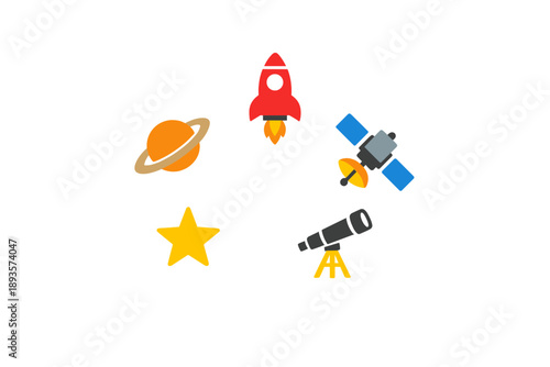 Space exploration symbols show different aspects of astronomy with a rocket, planet, star, telescope, and satellite