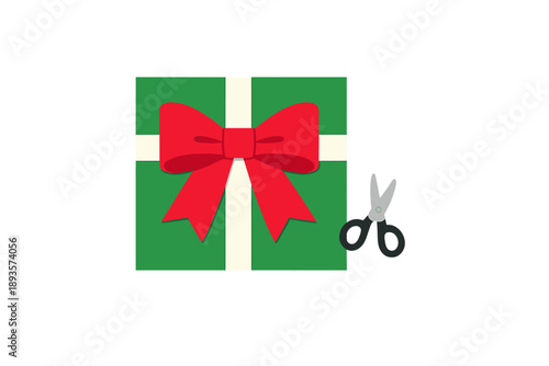 Gift on a table with a pair of scissors nearby for opening presents during a celebration or event, signaling joy and anticipation for unwrapping surprises