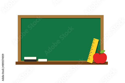 Classroom blackboard with chalk, an apple, and a ruler displayed on the shelf during a school day