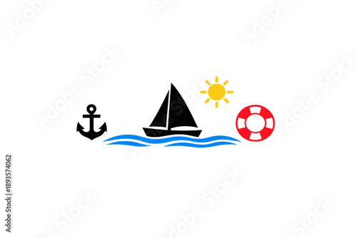 Sailboat sailing on calm waters with sun shining, anchor and lifebuoy nearby in a beach setting during daylight