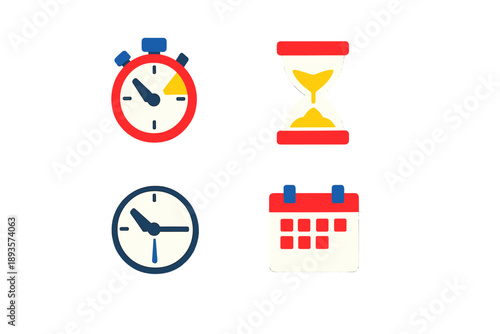 Different types of clocks, timers, and a calendar displayed together on a white background for time management and scheduling