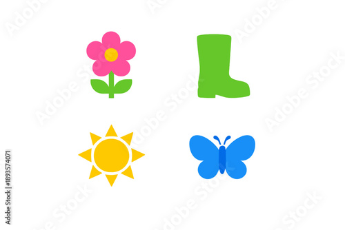 Bright colors show a flower, green boot, sun, and butterfly in a simple design for springtime fun and outdoor activities for children and families exploring nature and play