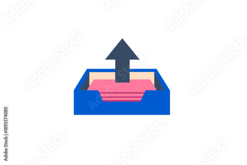 Using a blue storage box to organize pink documents with an arrow pointing upwards, symbolizing sorting or filing papers in an office or study area