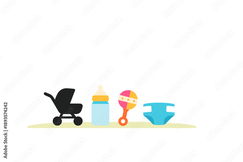 Fototapeta premium Baby items include stroller, bottle, rattle, and diaper on a light background during daytime