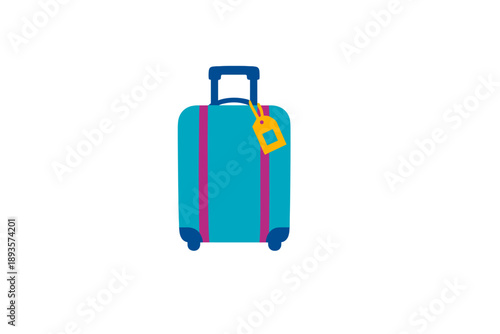 Bright blue suitcase with a yellow tag and purple straps ready for travel in an indoor setting during daytime