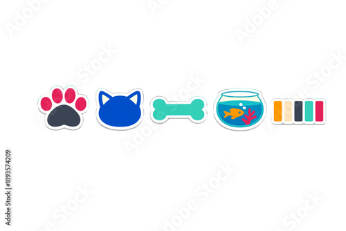 Different animal icons showing a paw print, a cat face, a bone, a fish bowl, and a color palette for pet-related designs