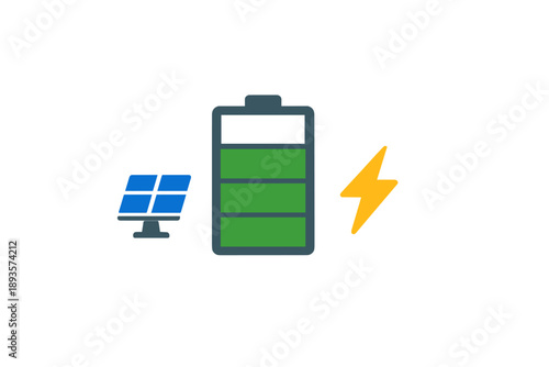 Battery charging with solar panel and lightning icon in renewable energy concept for green technology