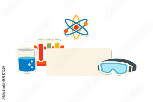 Science lab setup with beakers, test tubes, goggles, and an atom symbol ready for experiments and learning
