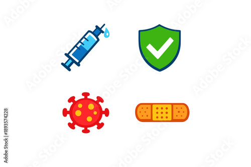 Syringe, shield, virus, and bandage represent health and protection in the context of vaccination and safety measures against illness