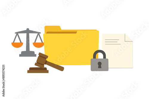 Legal symbols show justice, law documents, court materials, and protections for information in a clear setup on a plain background