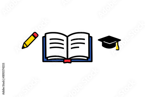 Educational symbols show a pencil, an open book, and a graduation cap representing learning, study, and achievement during a school session or academic program
