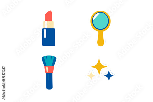 Makeup tools displayed on a surface with lipstick, mirror, brush, and decorative sparkles