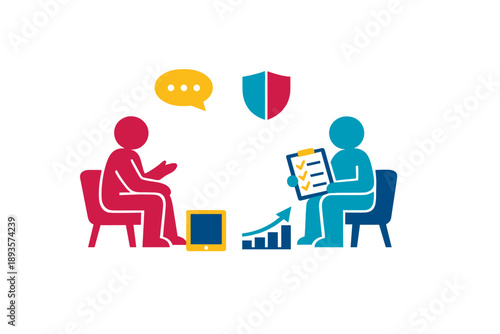 Two people sit and discuss ideas in a simple office setting while one person holds a checklist and the other talks with a speech bubble above