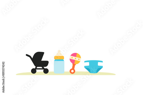 Baby items include stroller, bottle, rattle, and diaper on a light background during daytime