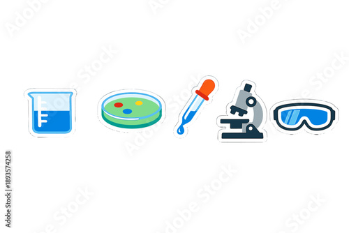 Various science tools are shown including a beaker, petri dish, pipette, microscope, and safety goggles used in laboratory work or experiments