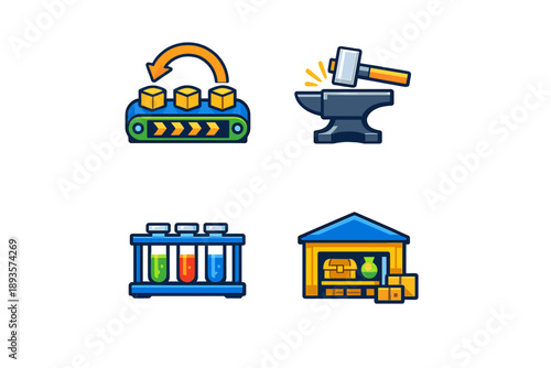 Production process of items in a factory setting with machines and tools in use