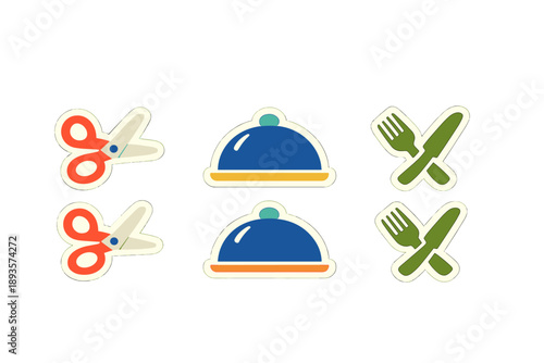 Colorful stickers of scissors, serving dishes, and utensils showing tools used in a kitchen or food setting in a simple layout