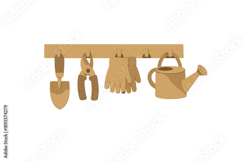 Tools and equipment hang on a wooden rack for gardening activities at home during the day
