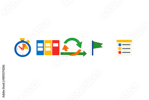 Timers, charts, and flags are symbols used for tracking time and progress in various activities and settings throughout the day