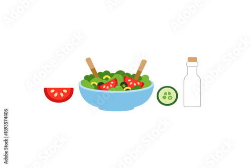 Fresh salad preparation with chopped vegetables, salad bowl, utensils, and dressing on a clean surface
