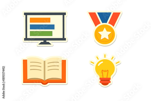 Educational tools and symbols used in learning and achievement displayed in a graphic format with various colors and designs for students and educators