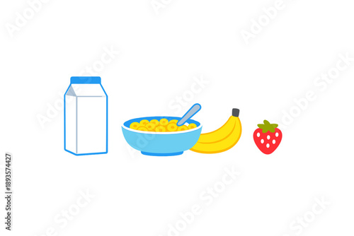 Cereal bowl with milk, banana, and strawberry on a table in the morning