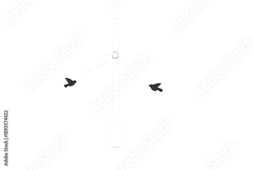 Wind turbine stands tall as two birds fly near its blades in a clear sky during the day