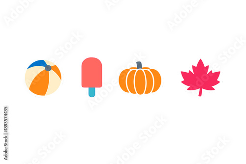 Seasonal symbols show a beach ball, popsicle, pumpkin, and maple leaf to represent summer and autumn times in a colorful layout