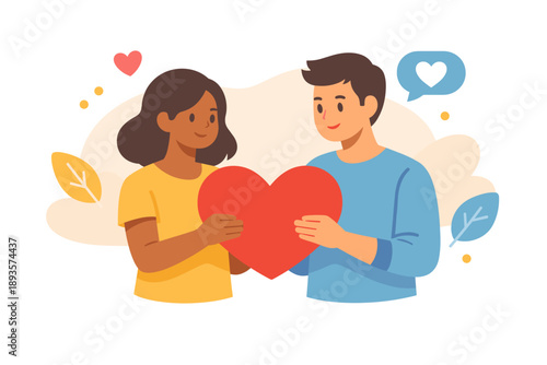 Couple sharing a red heart symbol during an affectionate moment in a simple setting with hearts and leaves around them