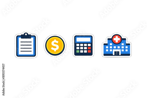 Icons representing health records, money, calculations, and a hospital setting show various aspects of healthcare management and financial planning