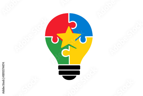 Light bulb design with puzzle pieces and a star symbol showing creativity and problem solving in a simple graphic format