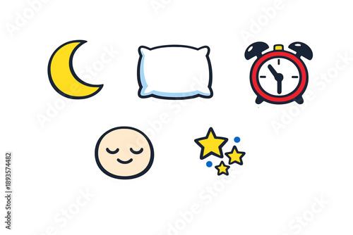 Sleep-related symbols show different aspects of rest and bedtime routine with a clock, stars, a pillow, a smiling face, and a moon in a simple design