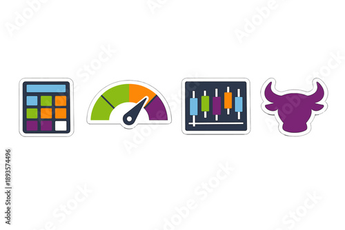Different symbols show various concepts related to technology and data analysis including a calculator, speedometer, control panel, and a bull icon