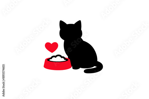 Black cat sitting next to red food bowl with heart symbol above, representing love for pets, suitable for animal lovers and cat enthusiasts, perfect for various designs