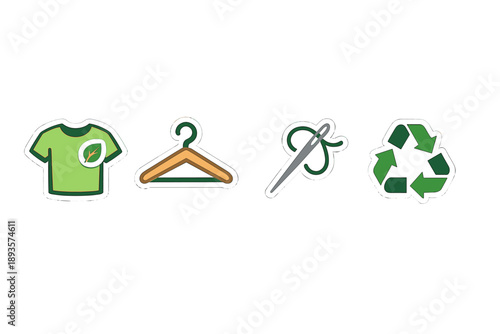 Icons representing eco-friendly clothing practices in a simple design showing a shirt, hanger, needle, and recycle symbol