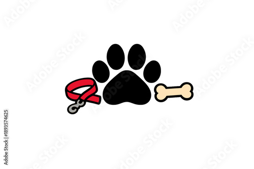 Dog paw print with a red leash and a bone on a white background for pet-related designs and activities