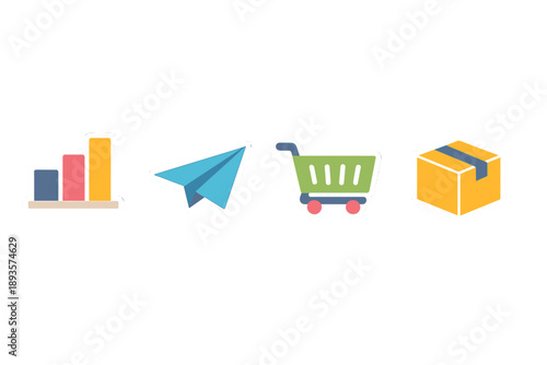 Icons represent different stages in the online shopping process including data analysis, sending orders, shopping cart, and delivery