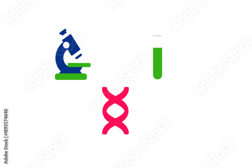 Microscope and test tube with green liquid and DNA strand show scientific research and laboratory work in modern biotechnology and genetics