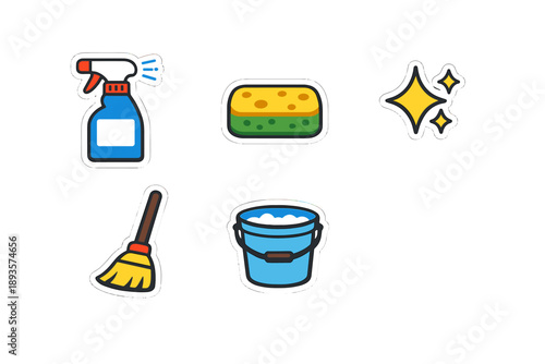 Cleaning supplies include a spray bottle, sponge, broom, bucket, and sparkle symbol placed on a white background