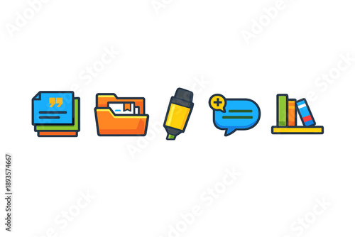 Various icons showing documents, folders, a highlighter, a chat bubble, and books placed together in a simple arrangement on a white background