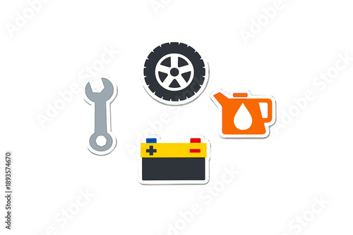 Icons representing vehicle maintenance items including a wrench, tire, battery, and oil can on a plain background