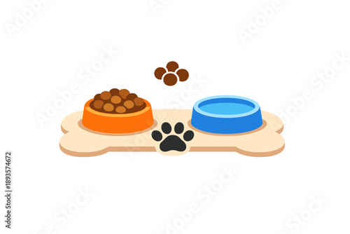 Two pet bowls placed on a bone-shaped mat show dry food and water for a dog in a kitchen space during daytime