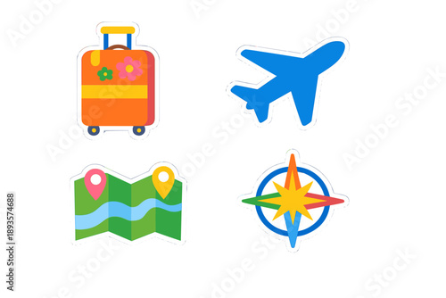 Travel stickers show suitcase, airplane, map, and compass for planning trips during summer vacations and adventures around different places