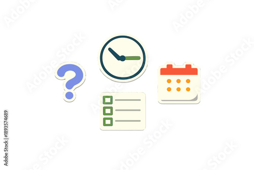Different symbols showing time management with a clock, question mark, checklist, and calendar on a simple background