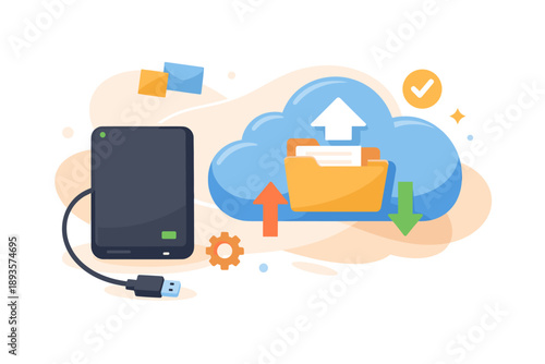 Using a hard drive for cloud backup and file management with a USB connection in a digital workspace setting