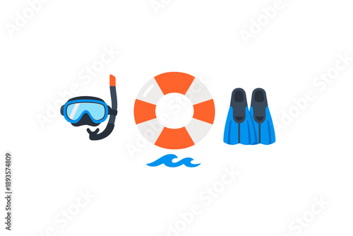 Diving gear set on a simple background showing a mask, fins, a life buoy, and waves, highlighting water activities common at beaches and pools