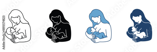 Mother Breastfeeding Baby Icon Illustration, Representing Nurturing Bond, Motherhood, Care, Love, in Line Art, Silhouette, and Color Fill Styles.