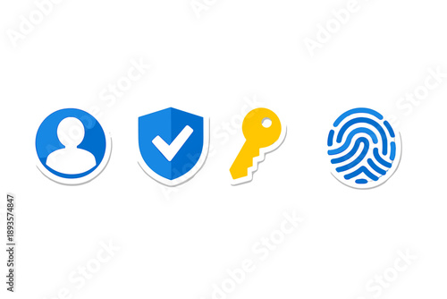 Icons showing security features used in digital platforms for user verification and data protection during online activities including login processes and account management