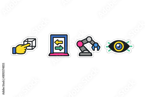 Icons representing different technology concepts such as interaction, data exchange, automation, and visual recognition in a simple layout