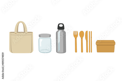 Items for a picnic setup include a tote bag, a jar, a water bottle, cutlery, and a food container arranged neatly on a white surface